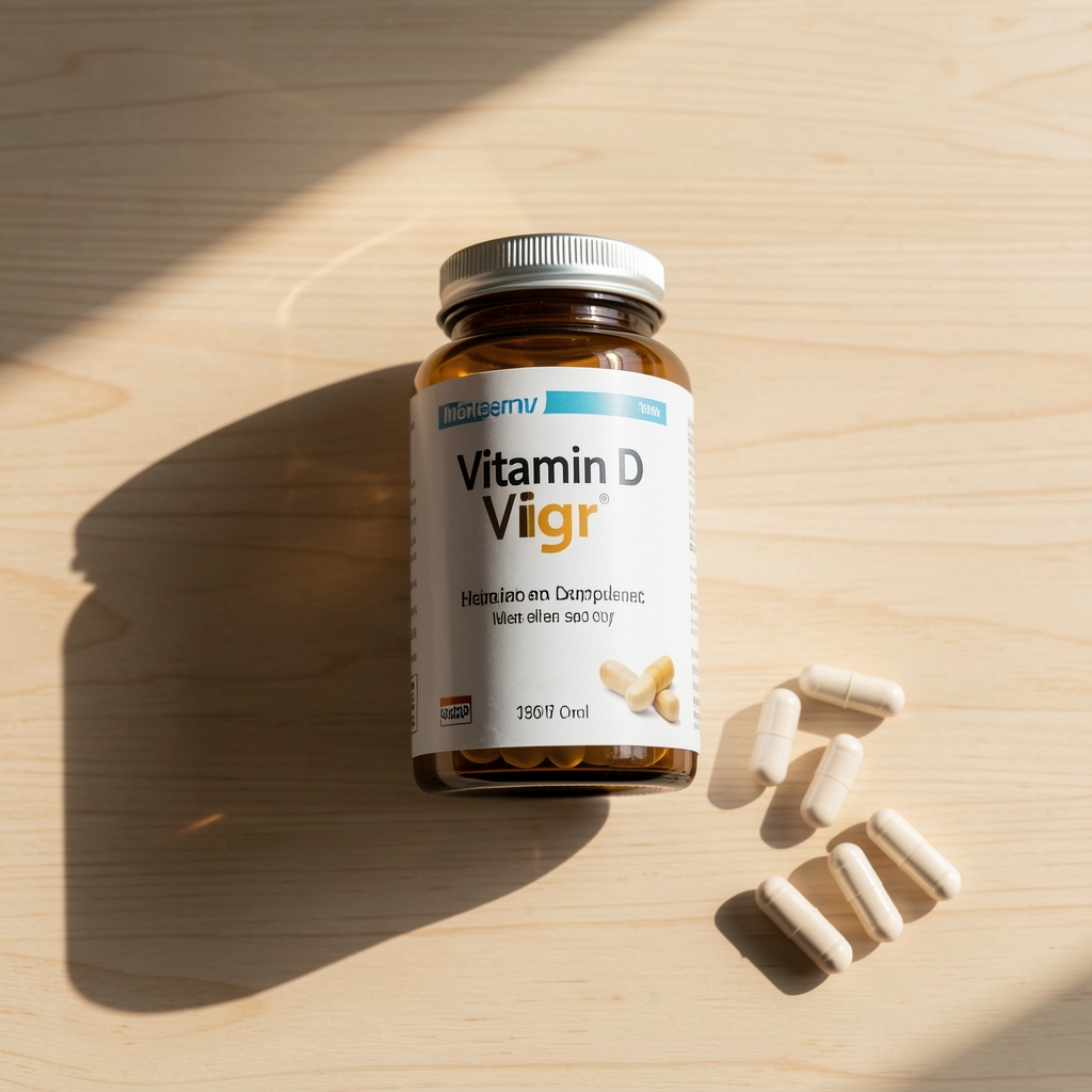 Vitamin D supplement container and morning sunlight on a clean wooden desk, editorial flat lay composition for men's nutrition