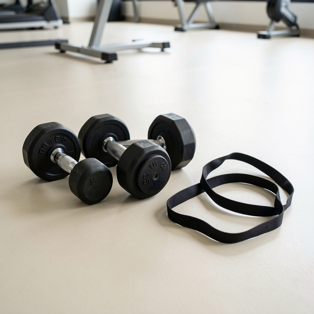 Resistance training weights and a resistance band arranged on a clean light-coloured gym floor, minimal editorial sports composition